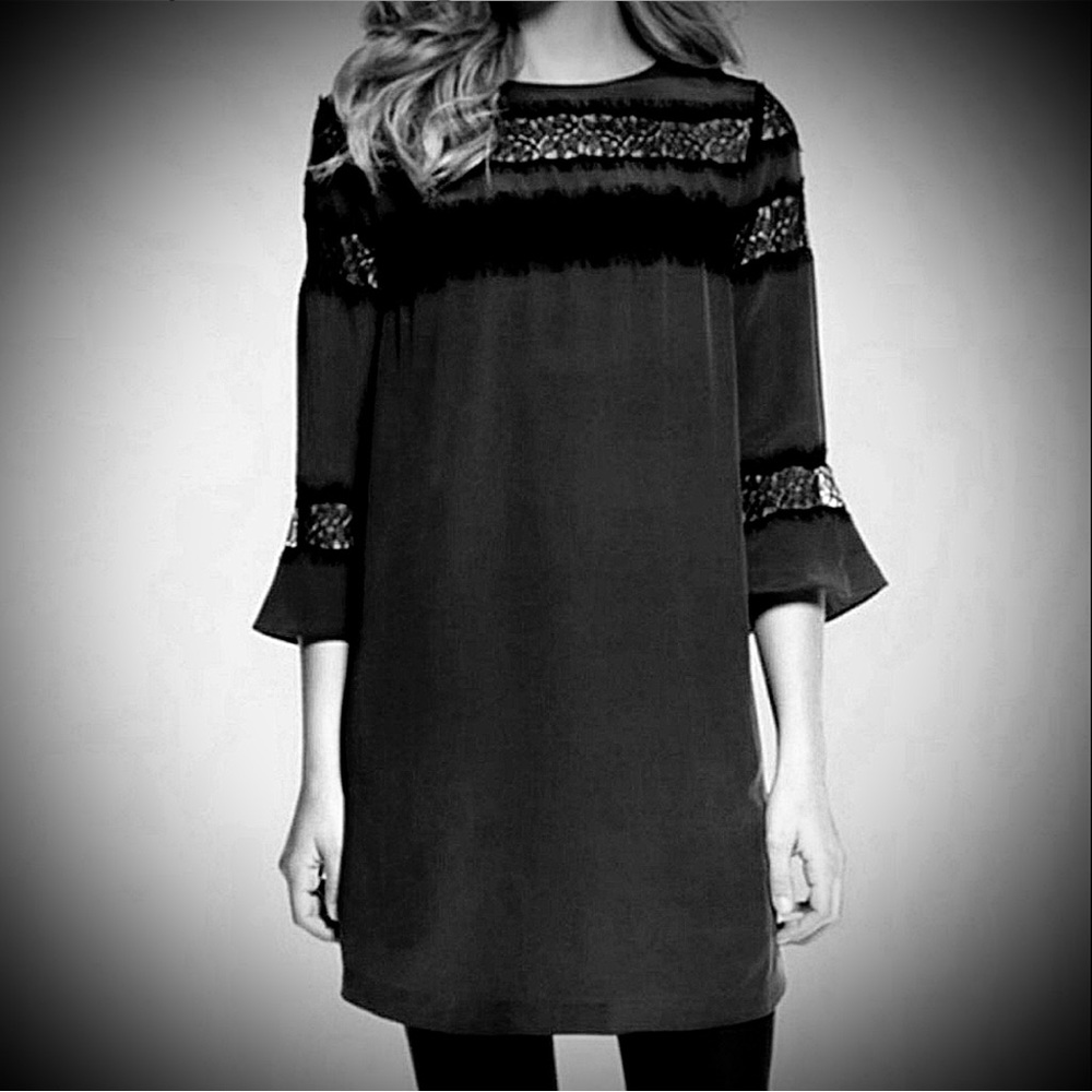 Rebecca Taylor Silk Lace Black Mini Dress 3/4 bell sleeves floral pattern lace